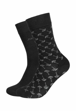 Schwarze Socken mit einem grauen Blumenmuster, mit einem gerippten Bündchen. Weicher Stoff und Knöchellänge. Markenlogo auf einer Socke sichtbar.