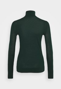 Pull à col roulé manches longues vert foncé avec silhouette ajustée, présenté de dos sur un fond blanc uni.