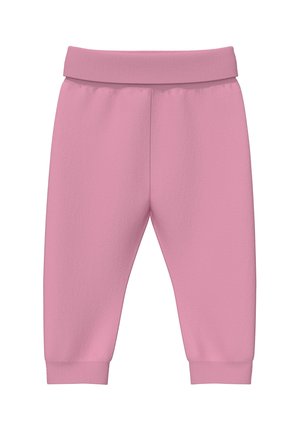 Zachte roze babybroekjes met elastische tailleband en boorden, ontworpen voor comfort en bewegingsvrijheid.