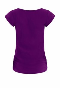 Purple short-sleeve top with a rounded neckline and gathered sides. Made from smooth fabric, featuring a solid color and fitted design.