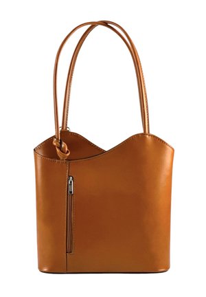 Brown leather handbag with two handles and a vertical zip pocket on the front against a white background.