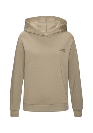 Beiger Hoodie mit langen Ärmeln und Fronttext "stay wild flower child" auf der linken Brust, mit gerippten Bündchen und Saum.