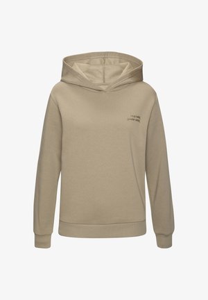 Beige hoodie met lange mouwen en fronttekst "stay wild flower child" op de linkerborst, met geribde boorden en zoom.