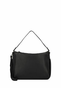 Borsa a mano in pelle nera con finitura testurizzata, dotata di tracolla rimovibile e chiusura con zip. Forma rettangolare semplice con accenti minimi.