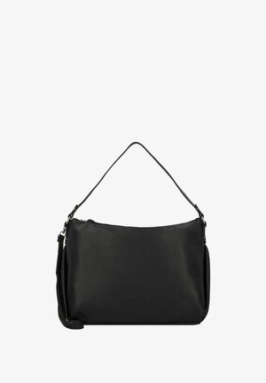 Borsa a mano in pelle nera con finitura testurizzata, dotata di tracolla rimovibile e chiusura con zip. Forma rettangolare semplice con accenti minimi.