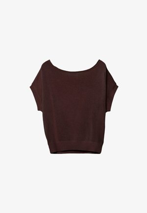 Ciemnobrązowy krótki rękaw sweterkowy top z szerokim dekoltem w kształcie litery U oraz prążkowanym wykończeniem na dole i przy mankietach, ułożony płasko na białym tle.