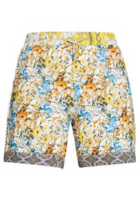 Květinové plavky s bílým podkladem, barevnými květy v modré, žluté a oranžové. Elastický pas se žlutou šňůrkou a vzorovaným lemem.