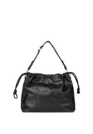 Sac à main en cuir noir avec sommet froncé, bandoulière réglable et détails de cordon noué de chaque côté.