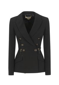 Blazer nero con design doppiopetto, accentato da hardware dorato, cerniere decorative e tasche laterali. Tessuto liscio e strutturato.