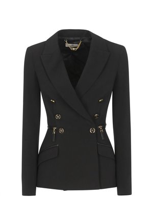 Blazer nero con design doppiopetto, accentato da hardware dorato, cerniere decorative e tasche laterali. Tessuto liscio e strutturato.