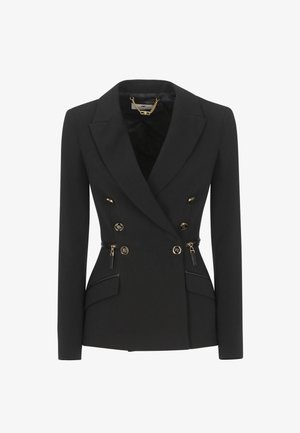 Blazer nero con design doppiopetto, accentato da hardware dorato, cerniere decorative e tasche laterali. Tessuto liscio e strutturato.