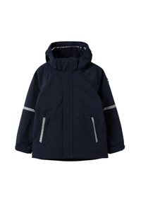 Marineblauwe waterdichte jas met een capuchon, voorzien van zilverreflecterende strepen, twee voorkruiken en een rits- en drukknoopsluiting.