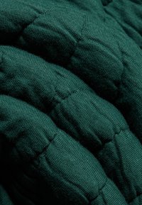 Κοντινό πλάνο από σκούρο πράσινο υφασμάτινο επενδυτικό που έχει οριζόντιες ραφές, οι οποίες δείχνουν υφή και επένδυση.