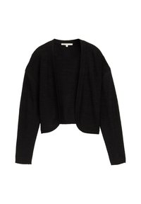 Schwarze, kurz geschnittene Strickjacke aus einem strukturierten Material mit offener Vorderseite, langen Ärmeln und ohne Verschlüsse. Klare Linien und minimales Design.