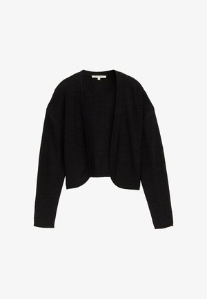 Cardigan negru scurt confecționat dintr-un material texturat, având un decolteu deschis, mâneci lungi și fără închideri. Linii curate și un design minimalist.