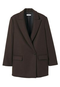 Brown blazer made of textured fabric, featuring a notched lapel, single button closure, and two front pockets.