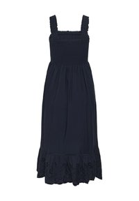 Robe mi-longue sans manches bleu marine avec corsage smocké, bretelles à volants et ourlet brodé.