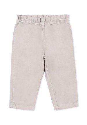Pantaloni beige chiaro per bambini piccoli con vita elastica e gambe dritte, realizzati in morbido tessuto di cotone.