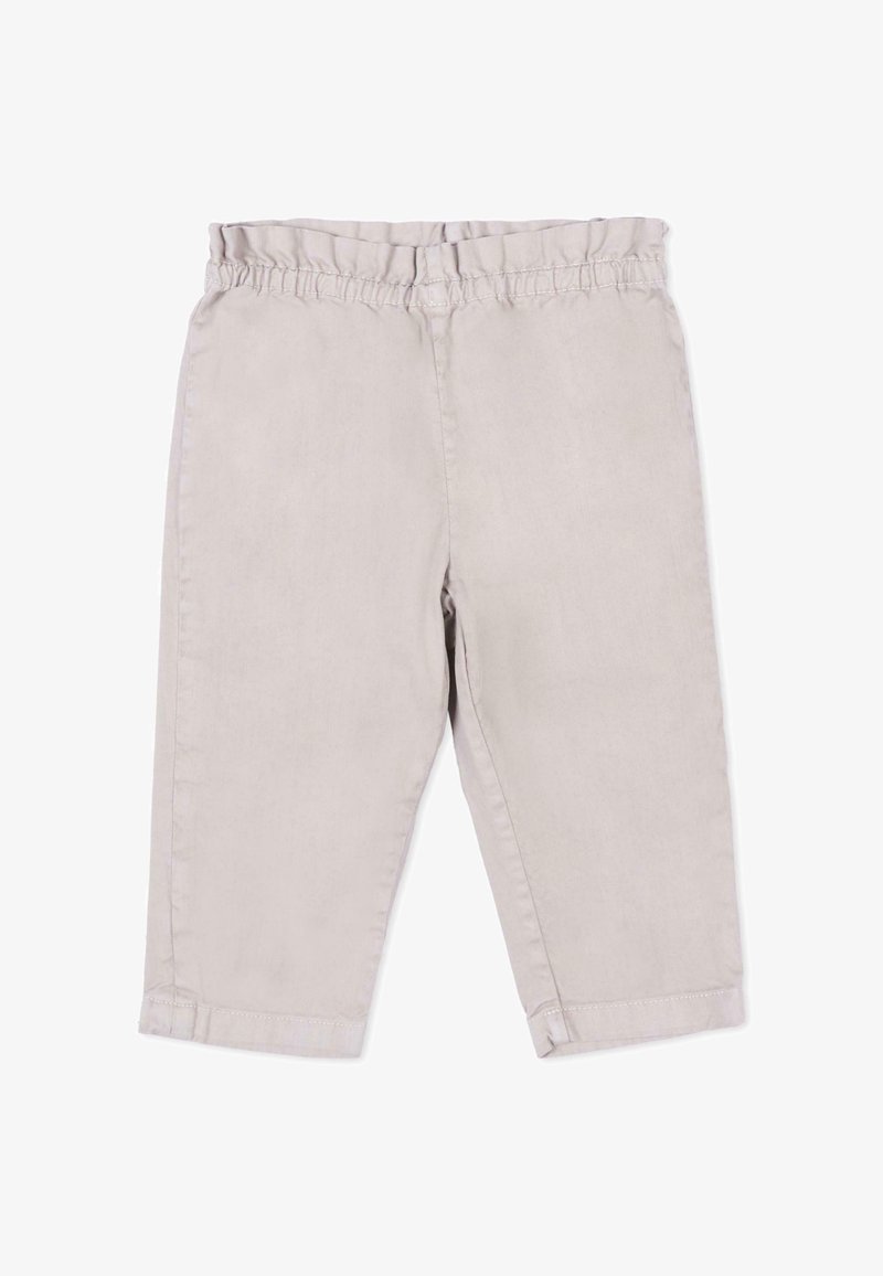 Pantalon beige clair pour tout-petit avec taille élastique et jambes droites, fabriqué en tissu de coton doux.