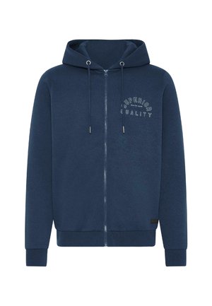 Sudadera azul con cremallera y capucha ajustable, fabricada en tejido suave, con puños y dobladillo acanalados, y el texto "CALIDAD SUPERIOR" en blanco en el pecho.