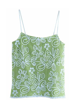 Grüne Blumencamisole mit weißen gestickten Mustern, ausgestattet mit dünnen Spaghettiträgern und einem fransigen Saum. Hergestellt aus leichtem Stoff.