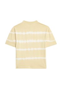 Camiseta de manga corta en algodón amarillo claro con rayas de teñido anudado en blanco, con escote redondo y corte relajado. Textura suave.