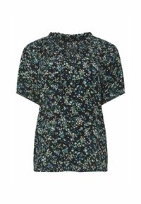 Blusa corta negra de manga corta con un patrón floral de flores azules y blancas, escote fruncido y corte holgado. Tela ligera.