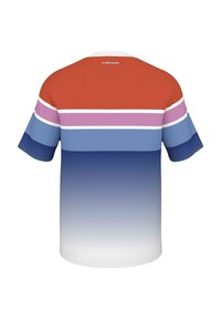 Korte mouwen T-shirt met een verloop van rood naar blauw. Bevat horizontale strepen in roze, wit en blauw. Gemaakt van lichte stof.