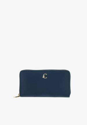 Portefeuille rectangulaire bleu marine avec fermeture éclair tout autour, tirette en métal doré et petit emblème doré en forme de lettre "C" au centre avant.