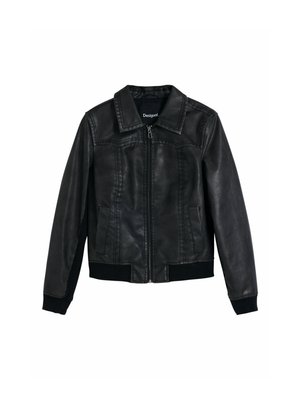 Black leather jacket with a collared neckline, front zipper, two side pockets, ribbed cuffs, and waistband. Smooth texture with stitching details.