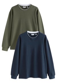 Two long-sleeve sweatshirts in olive green and navy blue, featuring ribbed texture, round necklines with contrasting white accents.