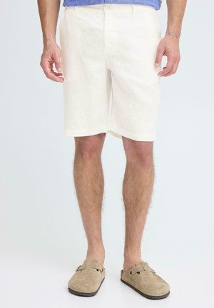 Mann trägt cremefarbene knielange Shorts, blaues Hemd und beigen Slip-on-Schuhen, steht vor einem einfarbigen Hintergrund.