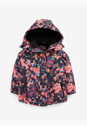 Pufferjack met bloemenprint in donker marineblauw, met roze en oranje bloemen, eenhoorns, twee voorzakken en een capuchon. Gladde, waterdichte stof.