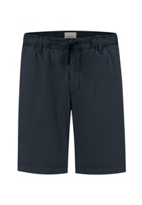 Shorts bleumarin dintr-un material ușor, cu talie elastică și șnur de ajustare, având o croială dreaptă deasupra genunchiului.