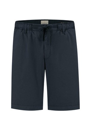 Sötétkék, könnyű anyagból készült rövidnadrág, elasztikus derékkal és húzózsinórral, térd felett egyenes szabással.