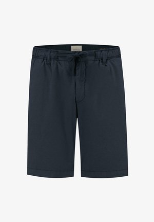 Sötétkék, könnyű anyagból készült rövidnadrág, elasztikus derékkal és húzózsinórral, térd felett egyenes szabással.