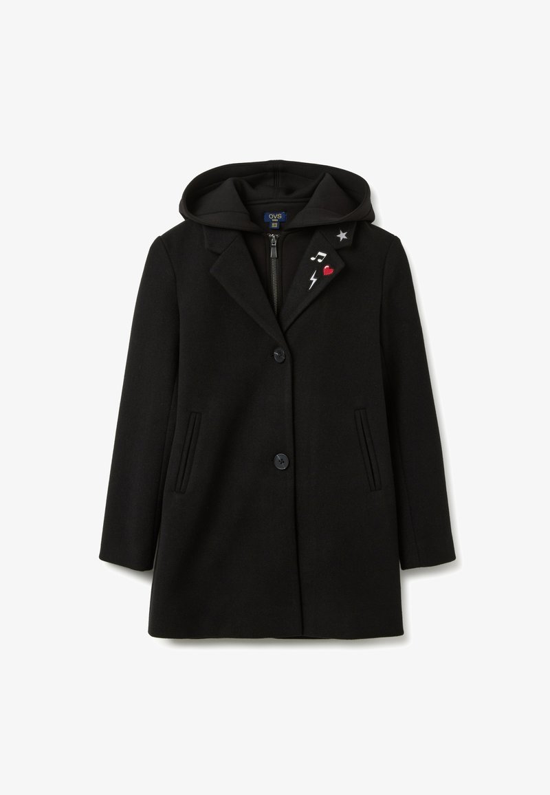 Zwarte wolmix jas met een afneembare capuchon, voorzien van twee voorzakken, een enkele knoopsluiting en geborduurde muzieknoten en sterren.