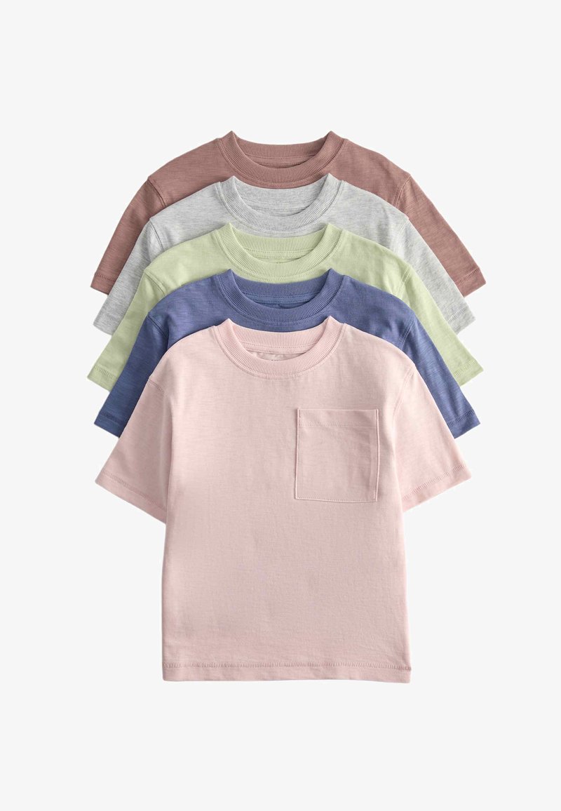 Stack of five short-sleeve crew neck t-shirts in pastel pink, blue, green, gray, and brown, with pocket on front of pink shirt.