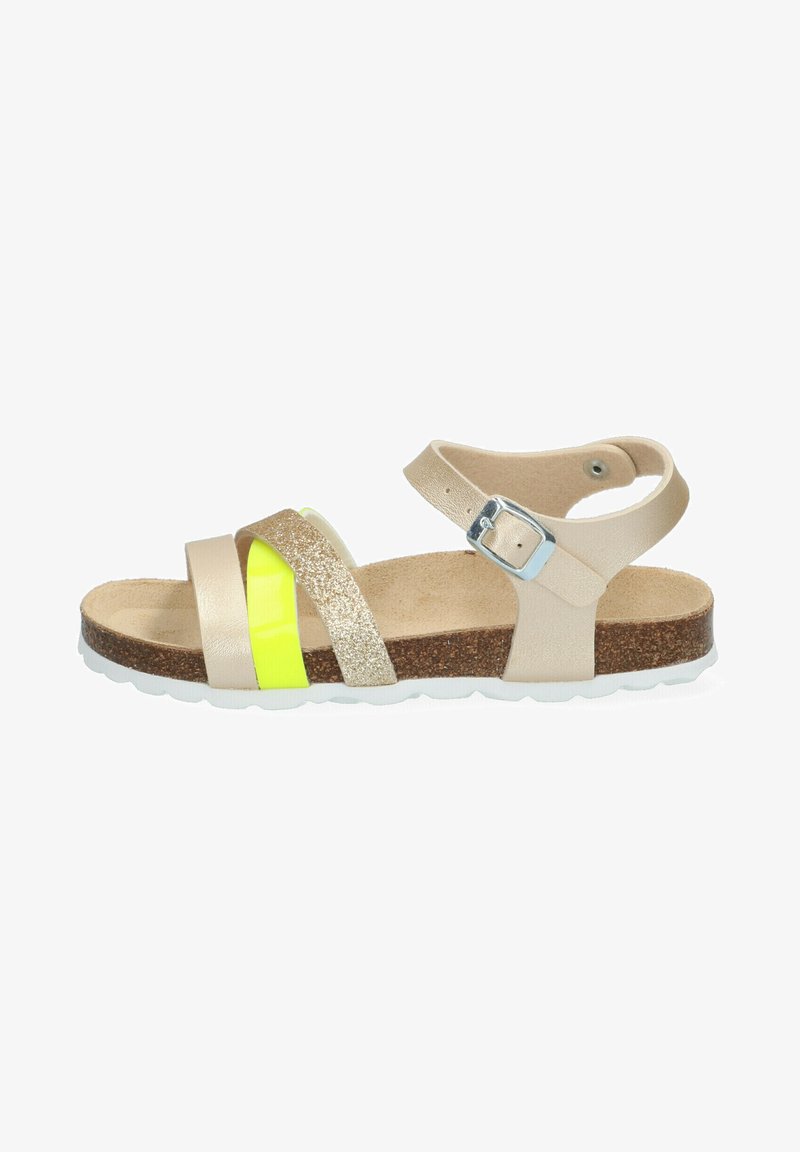 Beige sandalen met een kurken zool hebben metallic gouden, glinsterende zilveren en neon gele banden; verstelbare enkelband met een zilveren gespsluiting.
