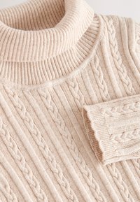 Pull à col roulé en tricot côtelé couleur crème avec motifs torsadés et détail de manches repliées sur un fond neutre.