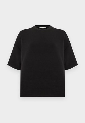 Black short-sleeve t-shirt made of lightweight fabric, featuring a crew neck and a relaxed fit with a smooth texture.