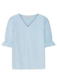 Jasnoniebieska bluzka krótki rękaw z dekoltem w kształcie V, z teksturowanym wzorem małych, wypukłych kropek oraz falbaniastym wykończeniem rękawów.