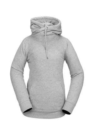 Grijze pullover hoodie met hoge kraag, trekkoord en kangoeroezak. Geribbelde manchetten en onderkant, gladde textuur, minimalistisch ontwerp met logo.