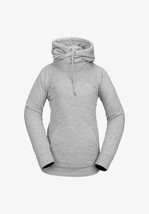 Sweat à capuche gris avec un col montant, un cordon de serrage et une poche kangourou. Poignets et ourlet côtelés, texture lisse, design minimaliste avec logo.