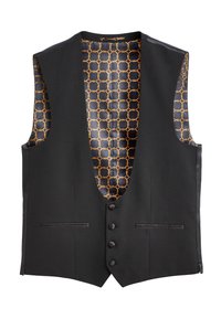 Chaleco negro con un escote en V profundo y sin mangas. El interior presenta un patrón geométrico en amarillo y negro. Incluye cinco botones y bolsillos laterales.