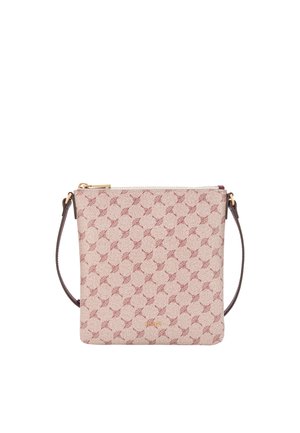 Beige skuldertaske med bordeaux cirkulært mønster, guld lynlås og mørkebrun justerbar skulderrem.