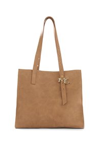 Borsa tote in pelle marrone con due manici lunghi, caratterizzata da una chiusura decorativa in tono oro. Tessuto liscio e forma rettangolare.