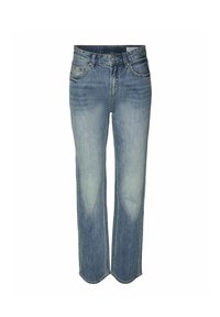 Siniset suorat farkut, joissa on etutaskut, vyölenkit, napitus ja hienovaraiset haalistumat reisissä ja polvissa.