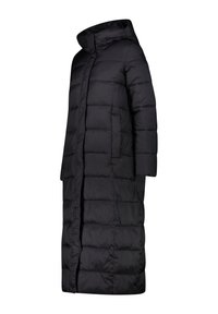 Lang sort pufferjakke med hætte, prydet med et quiltet design, sidelommer og en lige silhuet. Glat, skinnende tekstur.