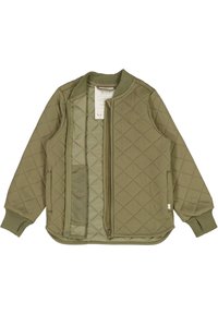 Olijfgroen gewatteerde jas met een ritssluiting aan de voorkant, ribgebreide kraag en manchetten, en een zachte voering met details in een ruitpatroon.